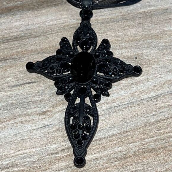 Necklace Pendant, All black, Beaded, Cross pendant On Cord - Picture 2 of 7